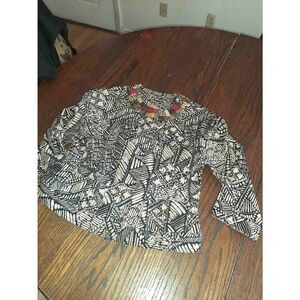 10P Petite Ruby Rd Denim Tribal Print Tan Black Jacket Heavy Shirt Beaded Collar